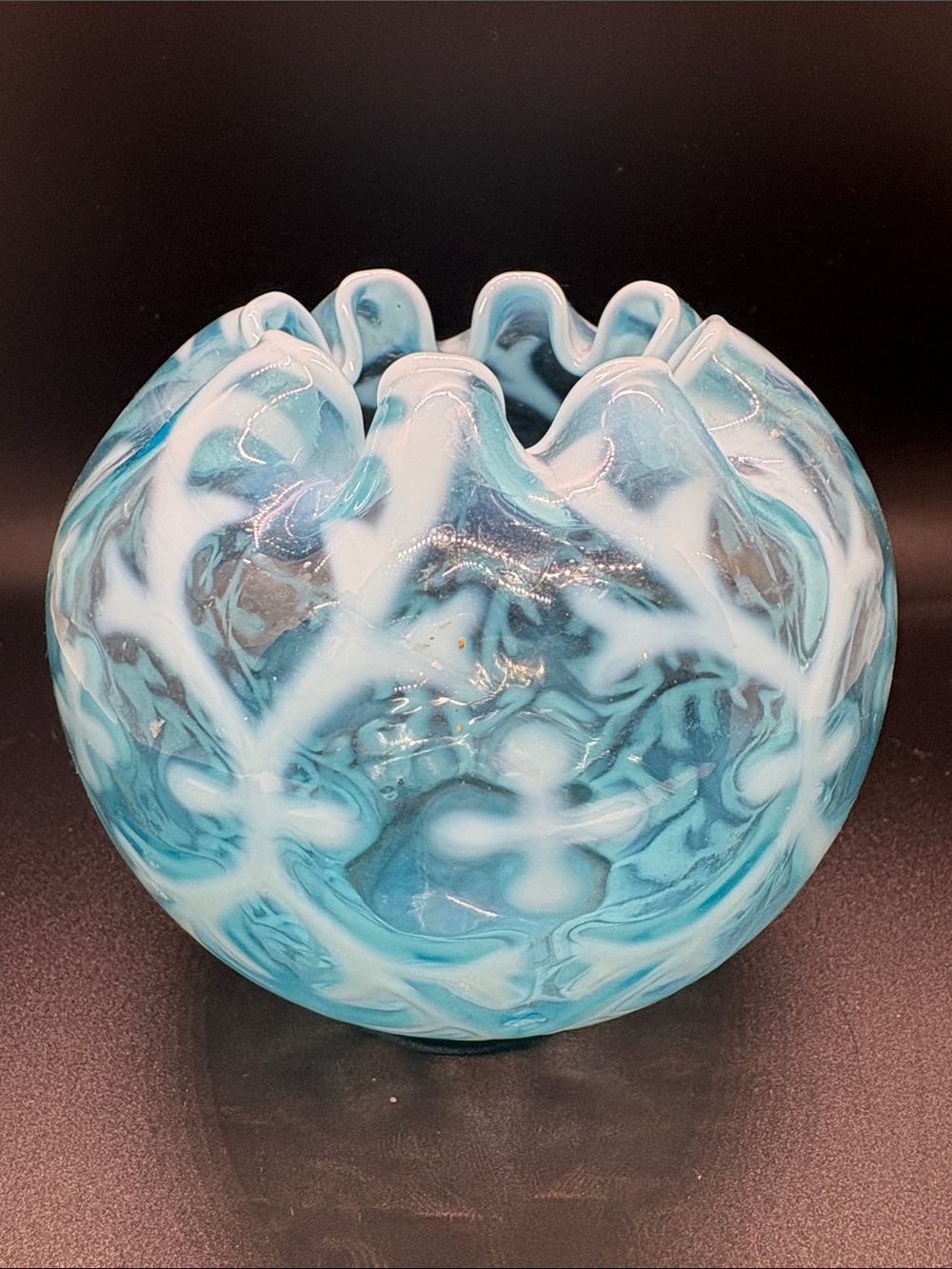 Teal & White Handcrafted Glass Art Bowl Antique Northwood Rose Bowl